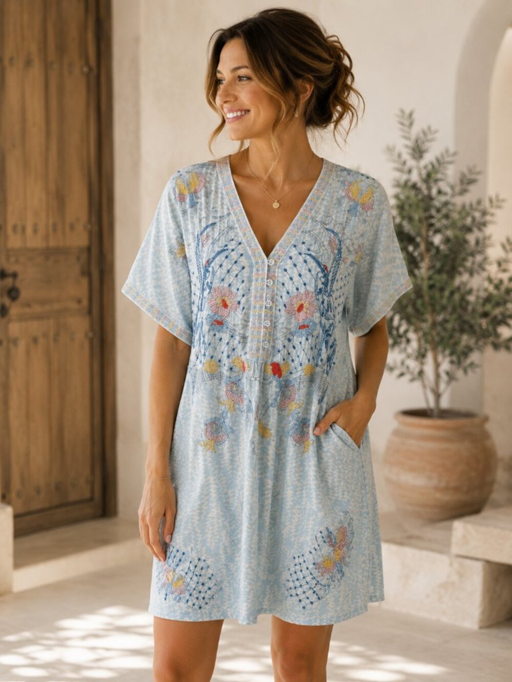 Johnny Was L Blue Floral Embroidered Boho Tunic Dress Cottagecore Resort Chic